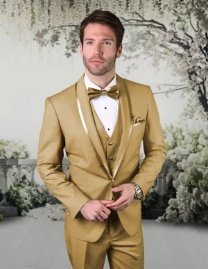 3 Pc Flat Front Pants With Matching Bow Tie | CAESAR| Champagne