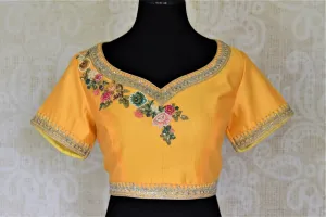 403879 Yellow Embroidered Silk Readymade Saree Blouse