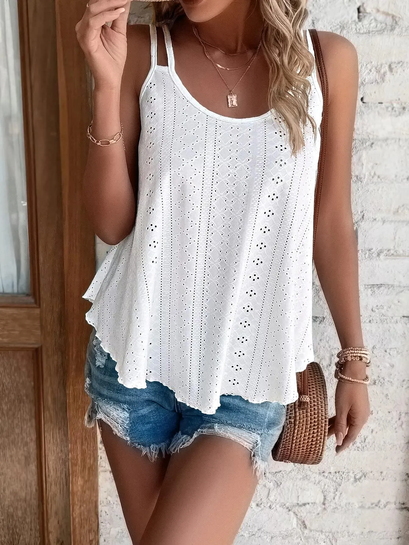 ATHMILE Tank Tops for Women 2025 Fashion Eyelet Embroidery Sleeveless Spaghetti Strap Tops Scoop Neck Sexy Loose Fit Casual Summer Flowy Cami White