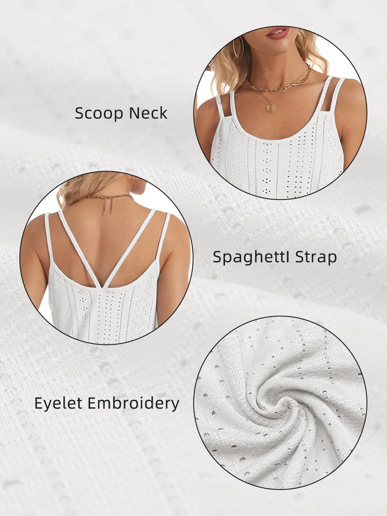 ATHMILE Tank Tops for Women 2025 Fashion Eyelet Embroidery Sleeveless Spaghetti Strap Tops Scoop Neck Sexy Loose Fit Casual Summer Flowy Cami White