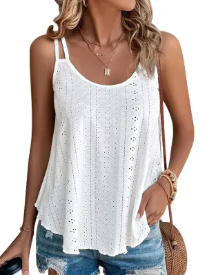 ATHMILE Tank Tops for Women 2025 Fashion Eyelet Embroidery Sleeveless Spaghetti Strap Tops Scoop Neck Sexy Loose Fit Casual Summer Flowy Cami White
