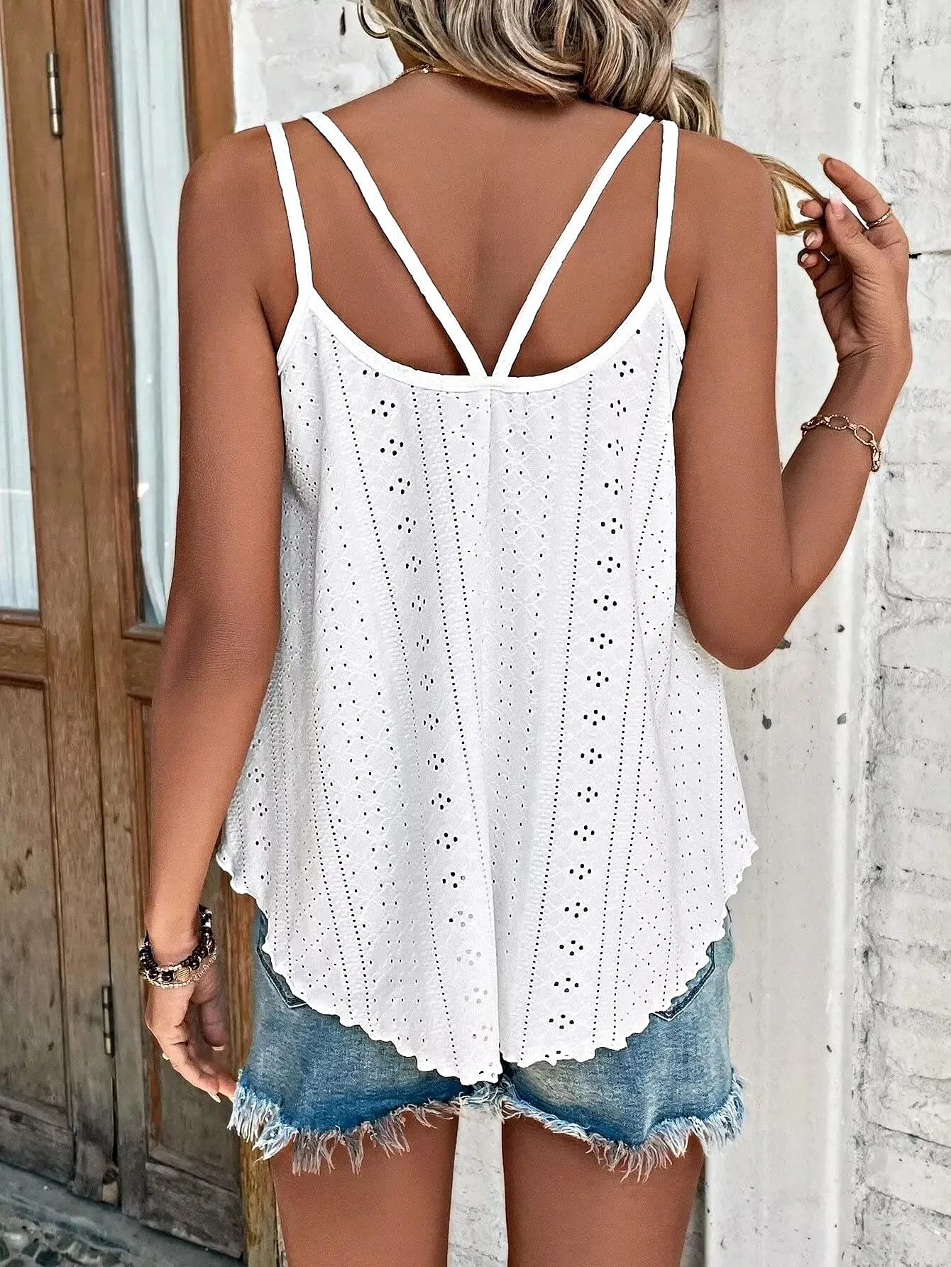 ATHMILE Tank Tops for Women 2025 Fashion Eyelet Embroidery Sleeveless Spaghetti Strap Tops Scoop Neck Sexy Loose Fit Casual Summer Flowy Cami White