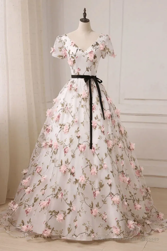 Beauitufl Floral V-Neck Lace Short Sleeve Flowers Long Prom Dress Floral Party Dress prom dresses shops
