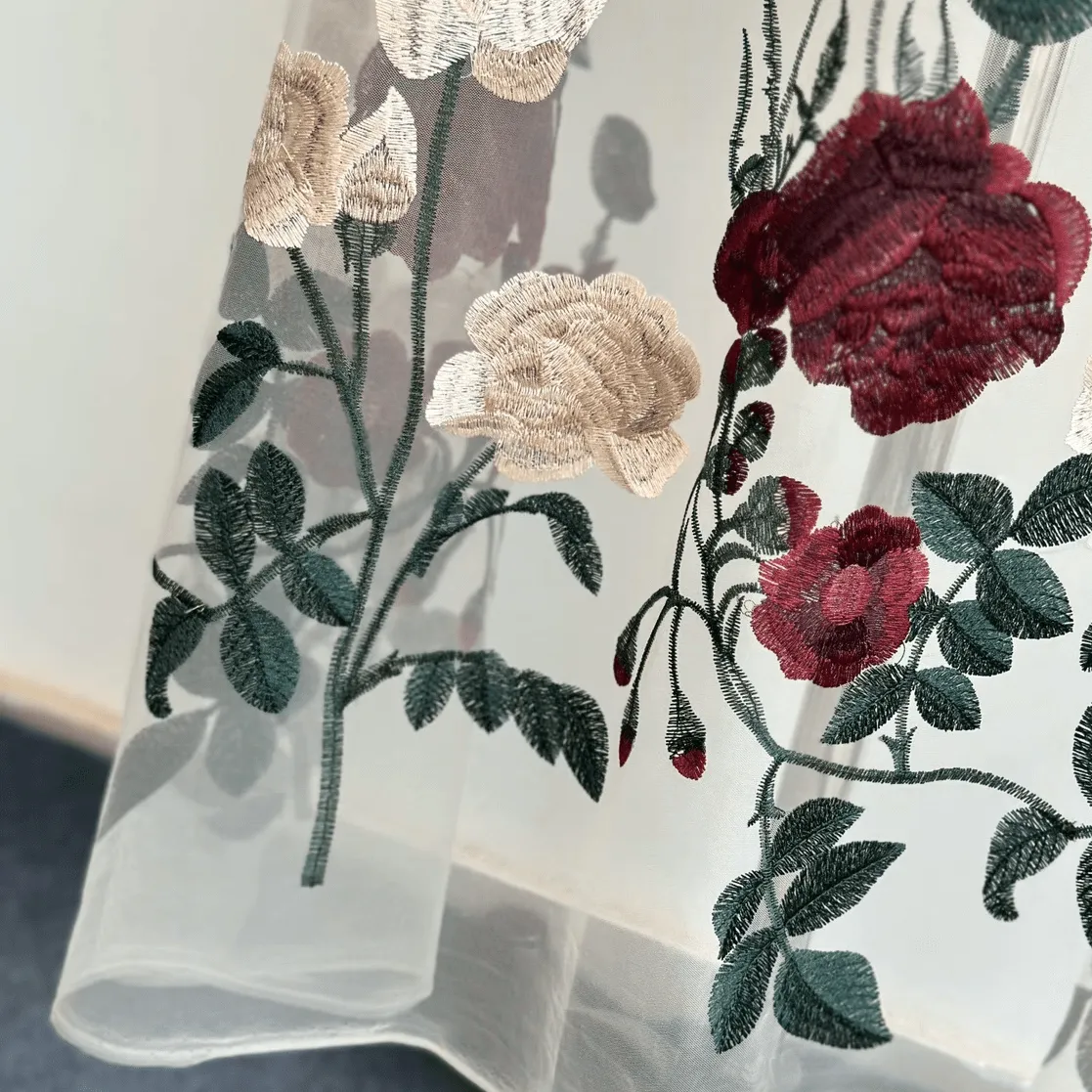Beige and Rose Red Embroidered Tulle Lace Fabric