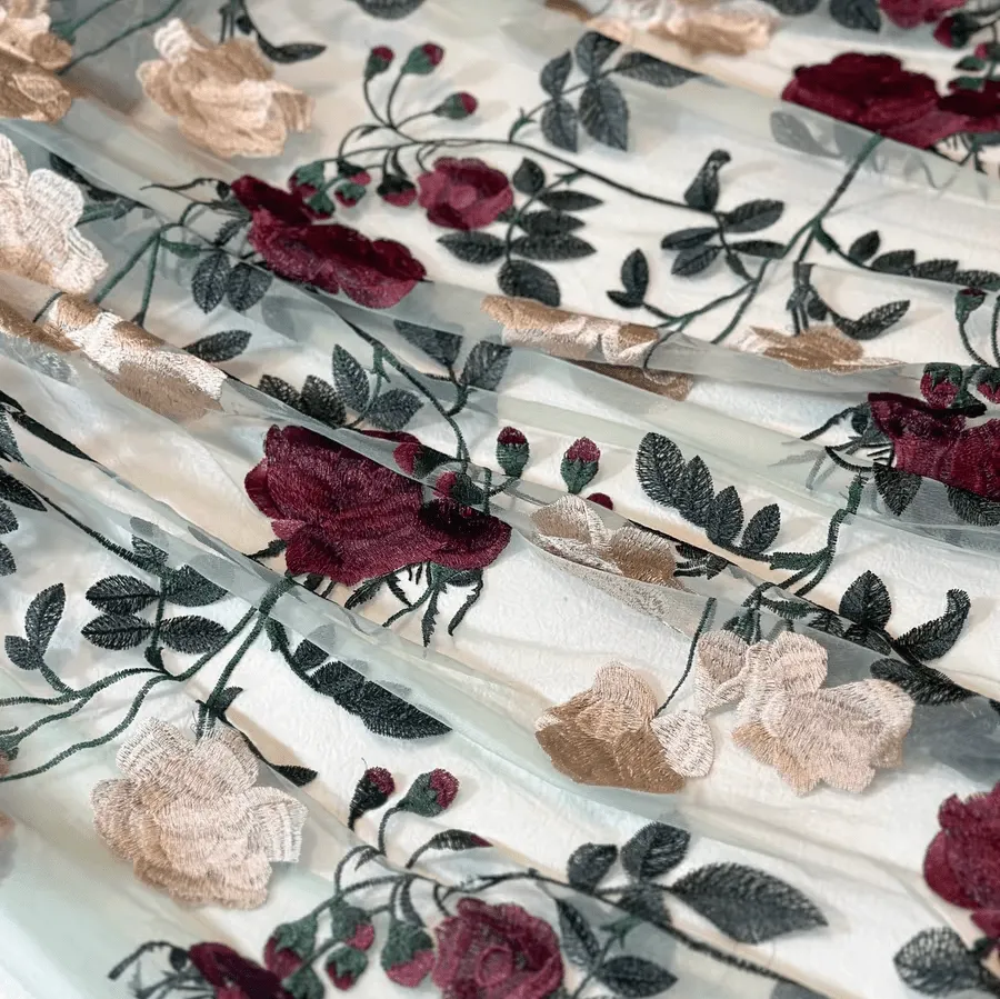 Beige and Rose Red Embroidered Tulle Lace Fabric