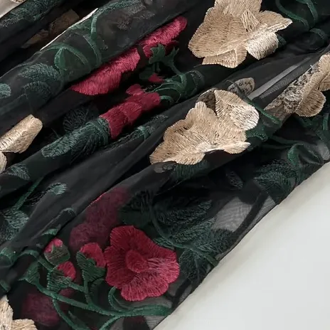 Beige and Rose Red Embroidered Tulle Lace Fabric