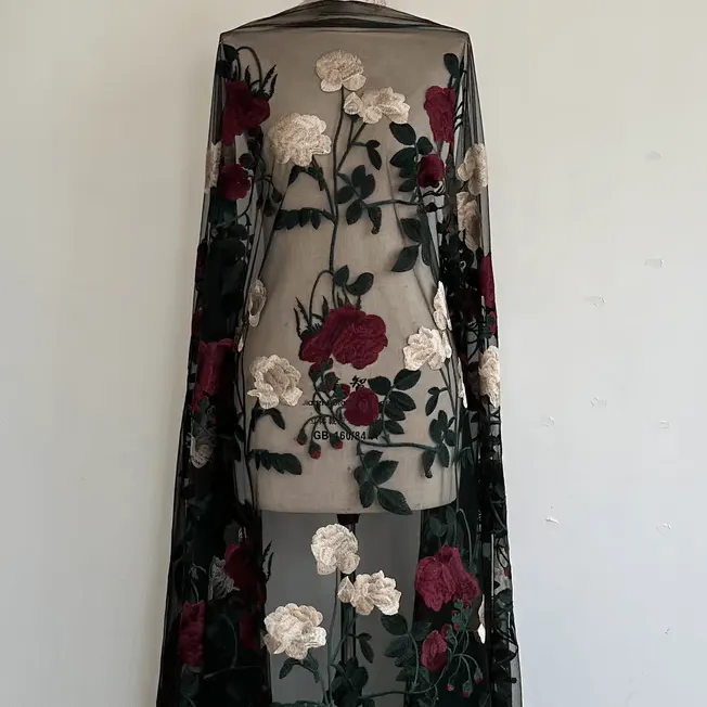 Beige and Rose Red Embroidered Tulle Lace Fabric