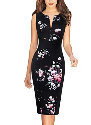 Black Floral Print Womens Front Zipper Slim Work Office Business Cocktail Party Pencil Dress Vfshow