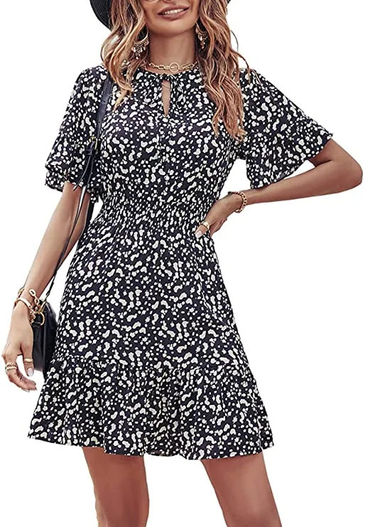 Black Leopard Women's Summer Boho Short Dresses Floral Print Tie Neck Short Sleeve Elastic High Waist Ruffle Mini Skater Dress - Prettygarden