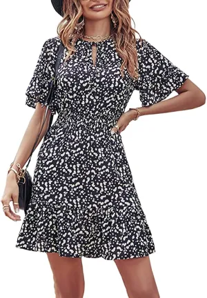 Black Leopard Women's Summer Boho Short Dresses Floral Print Tie Neck Short Sleeve Elastic High Waist Ruffle Mini Skater Dress - Prettygarden