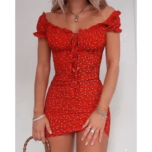 Floral Wrap Kleid Off Schulter Krawatte Up Front Rüschen Mini Kleid Sommer Büro Dame Slash Neck Gedruckt Bleistift Kleid
