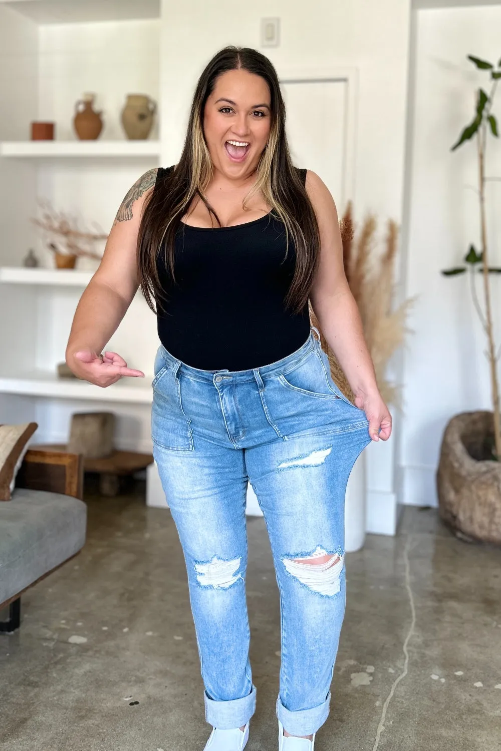 Judy Blue Distressed Straight Patch Pocket Stretch Jeans