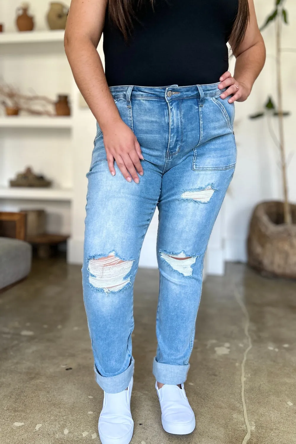 Judy Blue Distressed Straight Patch Pocket Stretch Jeans