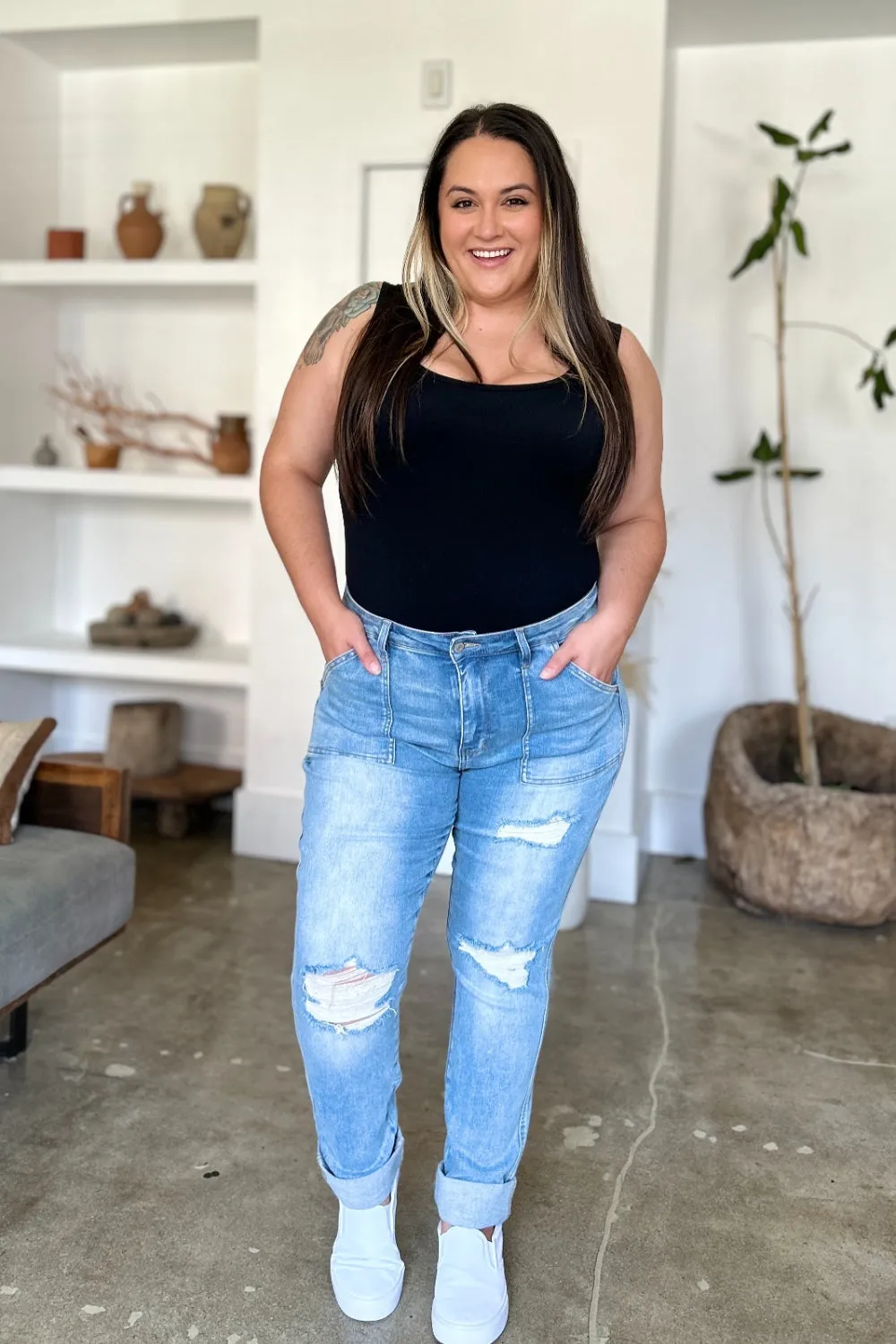 Judy Blue Distressed Straight Patch Pocket Stretch Jeans