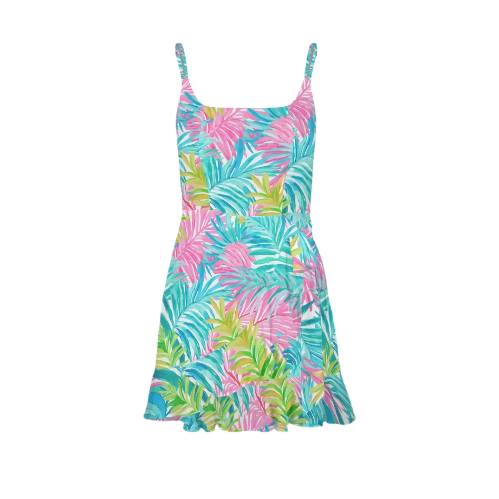 Los Cabos Tropical Floral Mini Ruffle Wrap Sun Dress