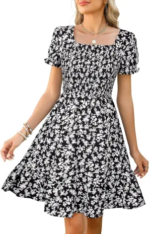 Lyrur Women's Short Sleeve Summer Dresses 2025 Spring Casual Square Neck Easter Dress A-Line Tiered Sundress with Pockets
