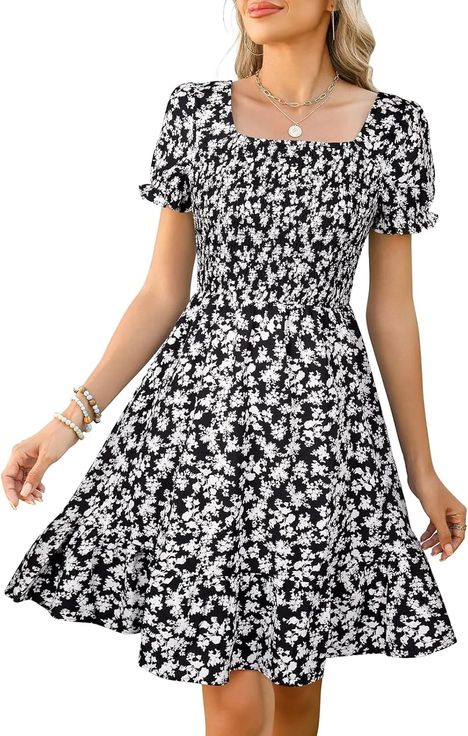 Lyrur Women's Short Sleeve Summer Dresses 2025 Spring Casual Square Neck Easter Dress A-Line Tiered Sundress with Pockets