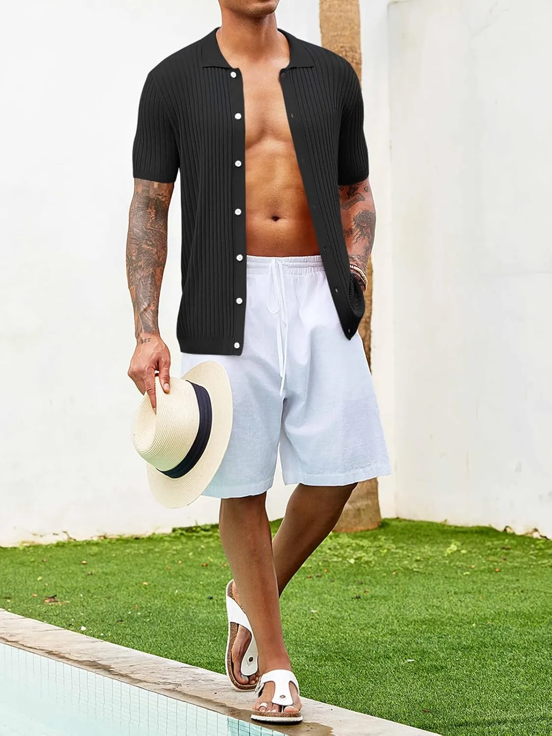 Mens Knit Polo Shirt Short Sleeve Button Down Golf Shirts Causal Ribbed Summer Beach Tops