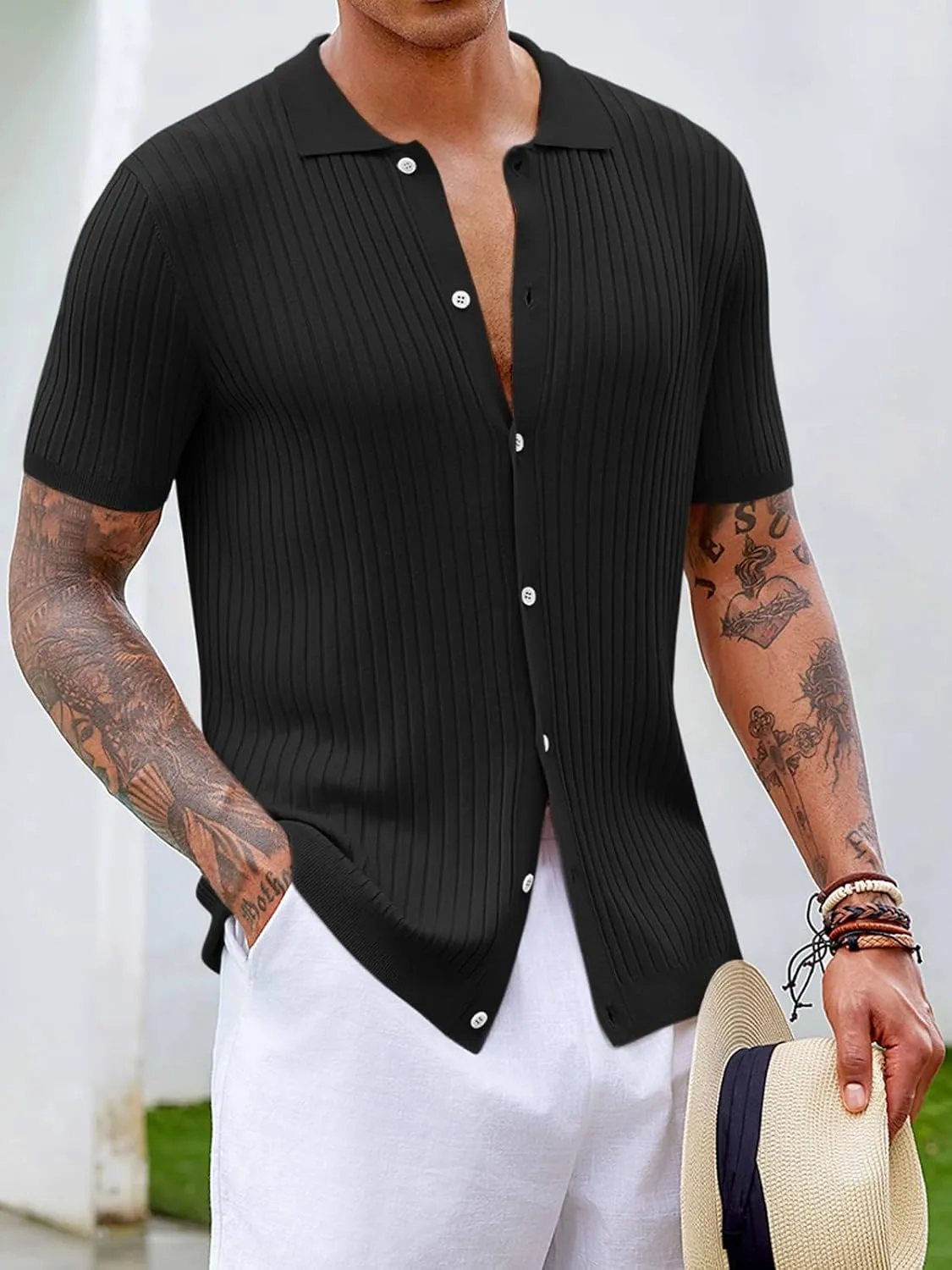 Mens Knit Polo Shirt Short Sleeve Button Down Golf Shirts Causal Ribbed Summer Beach Tops