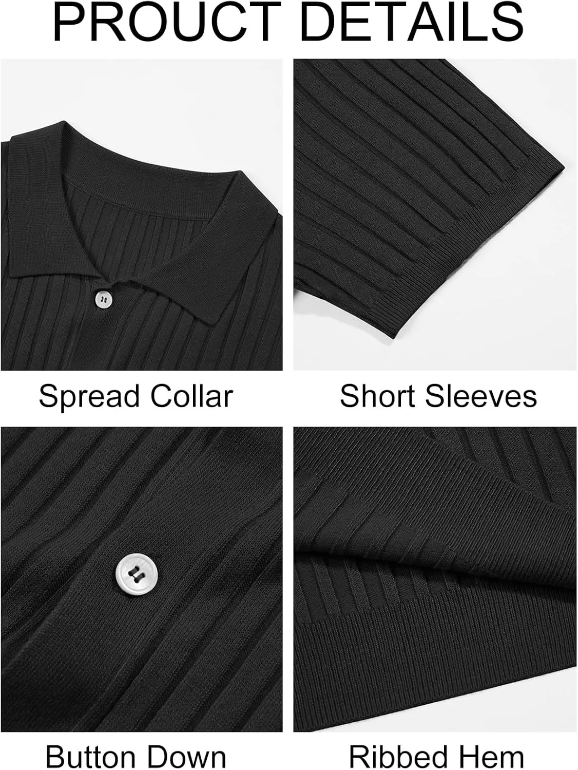 Mens Knit Polo Shirt Short Sleeve Button Down Golf Shirts Causal Ribbed Summer Beach Tops