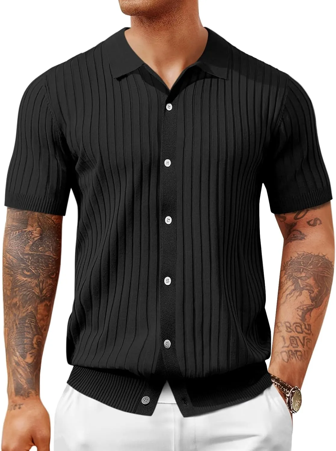 Mens Knit Polo Shirt Short Sleeve Button Down Golf Shirts Causal Ribbed Summer Beach Tops