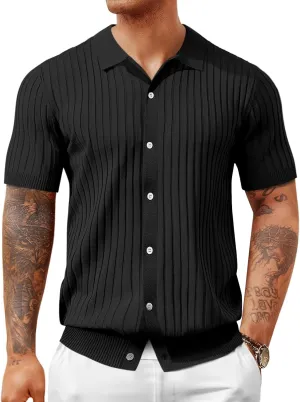 Mens Knit Polo Shirt Short Sleeve Button Down Golf Shirts Causal Ribbed Summer Beach Tops
