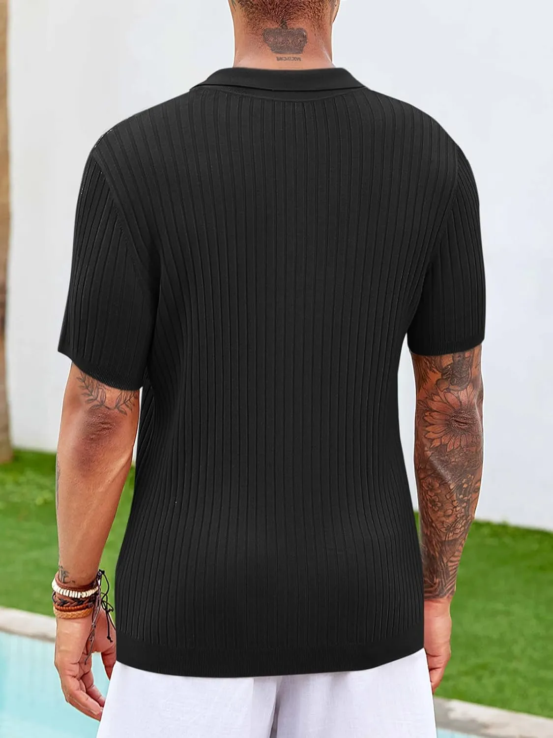 Mens Knit Polo Shirt Short Sleeve Button Down Golf Shirts Causal Ribbed Summer Beach Tops
