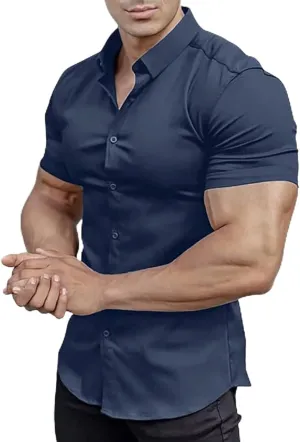 Men's Muscle Fit Dress Shirts Short Sleeve Button Down Slim Fit Stretch Wrinkle Summer Shirt for Men