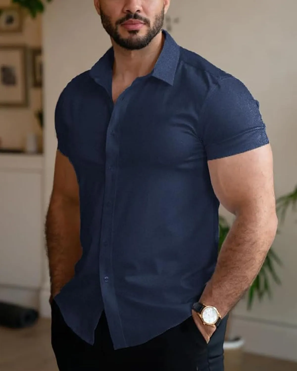 Men's Muscle Fit Dress Shirts Short Sleeve Button Down Slim Fit Stretch Wrinkle Summer Shirt for Men