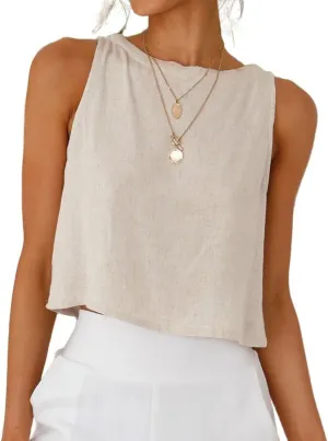 Mywinway Linen Tank Tops for Women Cotton Summer Sleeveless Cropped Casual Fashion Cute Tops