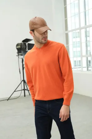 Orange Pure Cashmere V-Neck Long Sleeve Vincent Men's Sweater