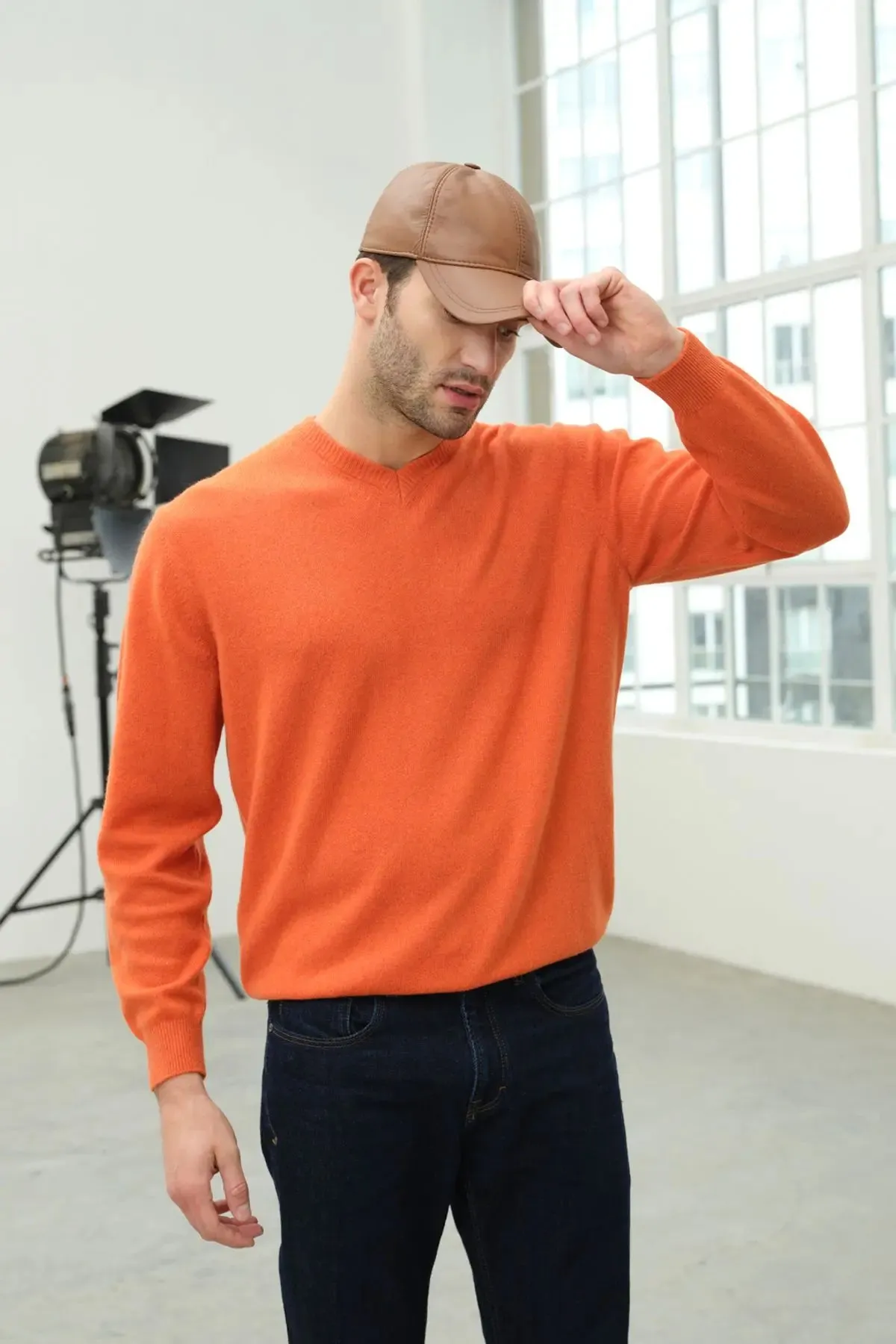 Orange Pure Cashmere V-Neck Long Sleeve Vincent Men's Sweater