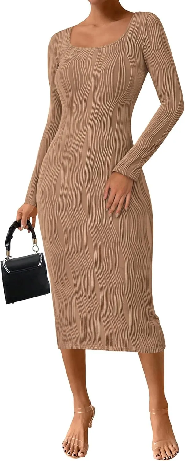 PRETTYGARDEN Womens Spring Dresses 2025 Long Sleeve Square Neck Knit Midi Beach Vacation Clothes Slit Bodycon Dress