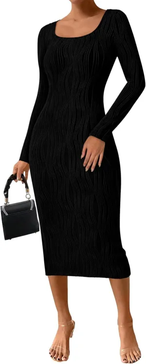 PRETTYGARDEN Womens Spring Dresses 2025 Long Sleeve Square Neck Knit Midi Beach Vacation Clothes Slit Bodycon Dress