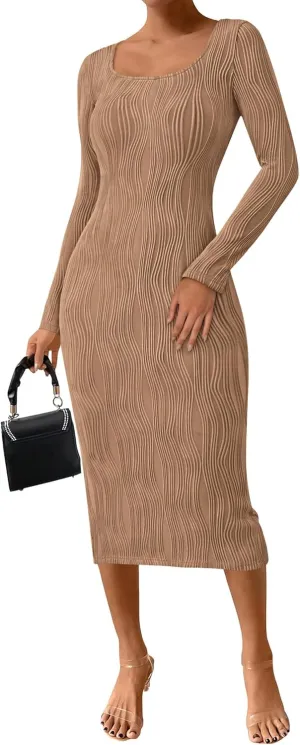 PRETTYGARDEN Womens Spring Dresses 2025 Long Sleeve Square Neck Knit Midi Beach Vacation Clothes Slit Bodycon Dress