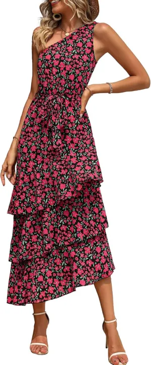 PRETTYGARDEN Women's Summer Floral Sundress Casual One Shoulder Tiered Ruffle Flowy Midi Beach Boho Dresses