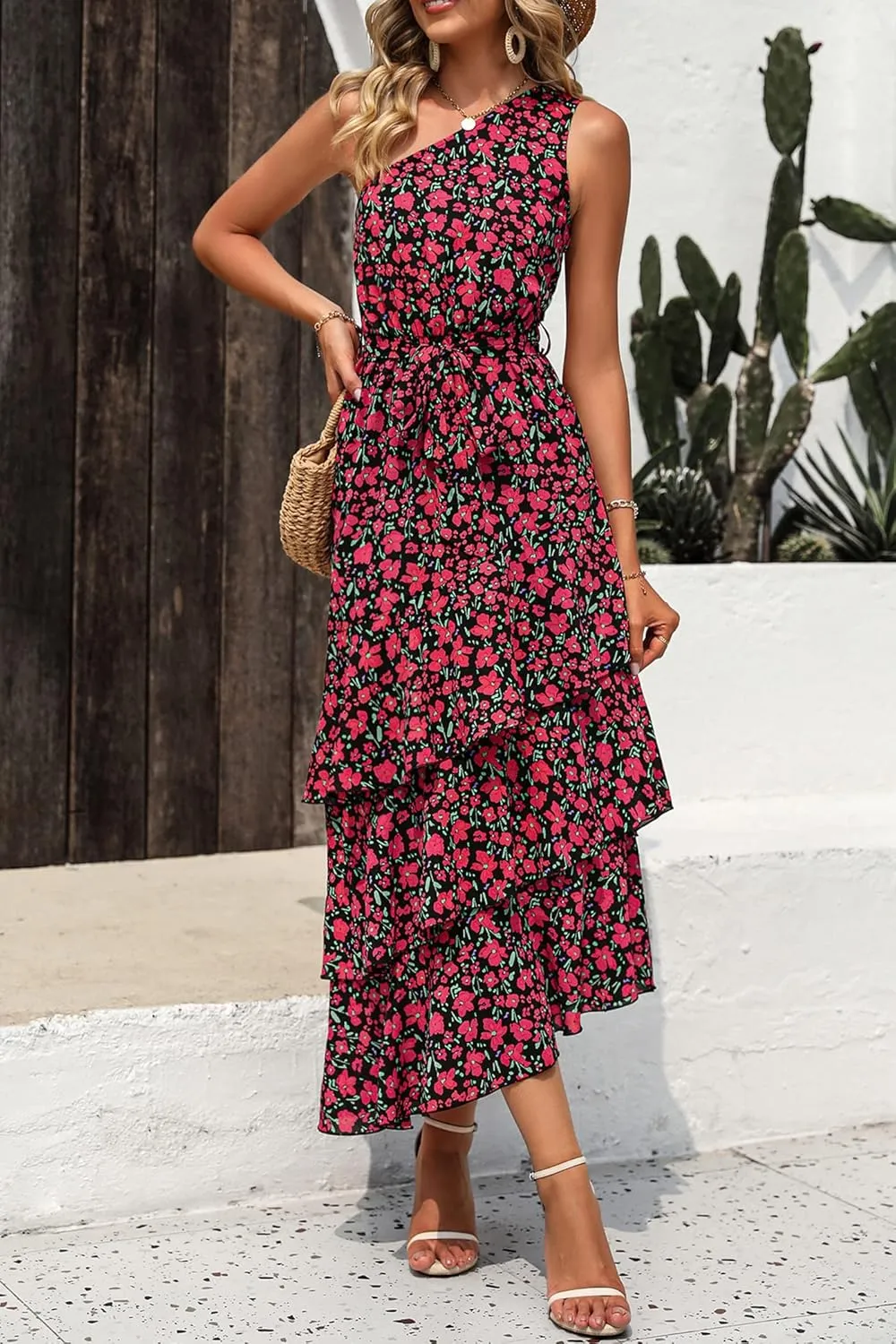 PRETTYGARDEN Women's Summer Floral Sundress Casual One Shoulder Tiered Ruffle Flowy Midi Beach Boho Dresses