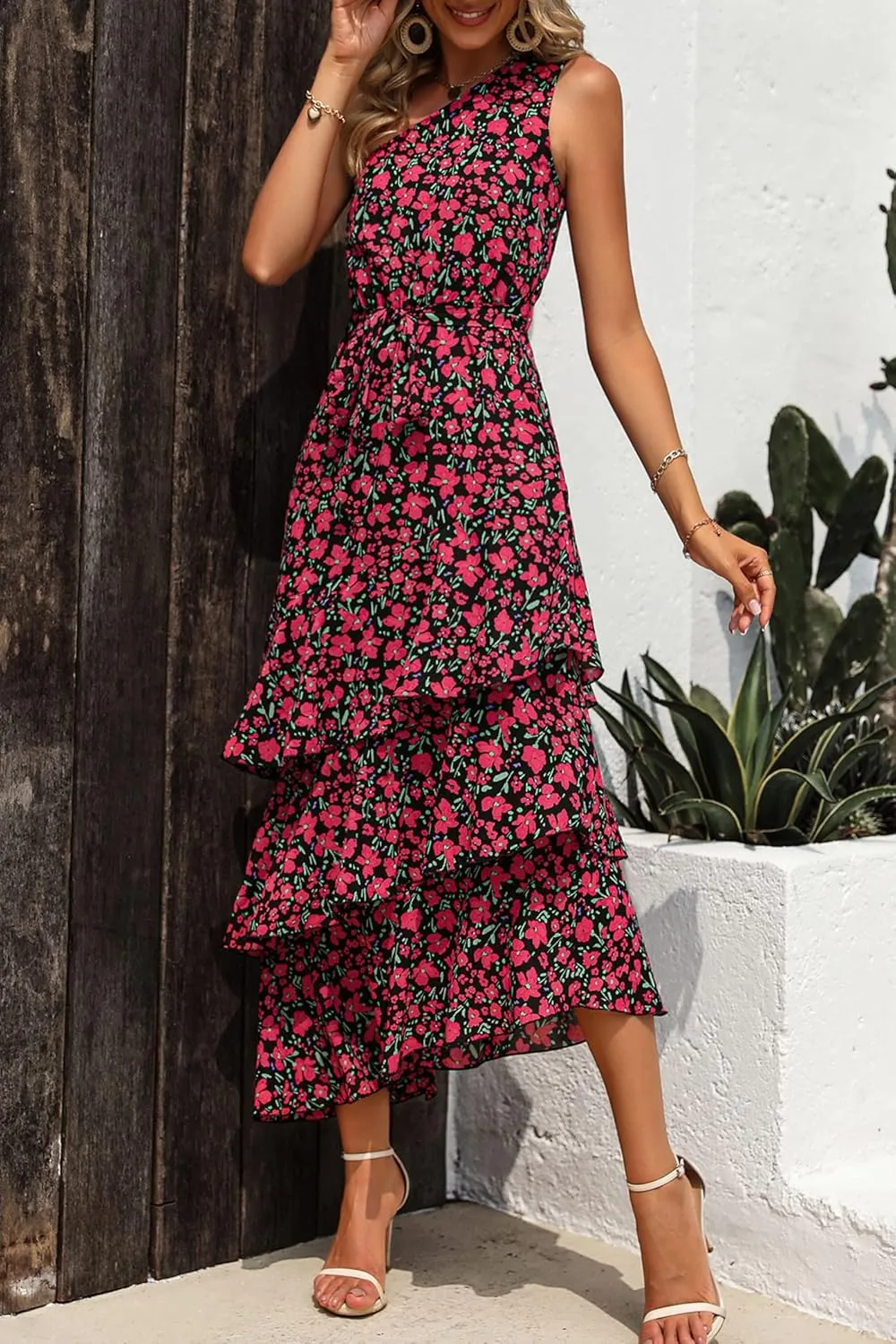 PRETTYGARDEN Women's Summer Floral Sundress Casual One Shoulder Tiered Ruffle Flowy Midi Beach Boho Dresses