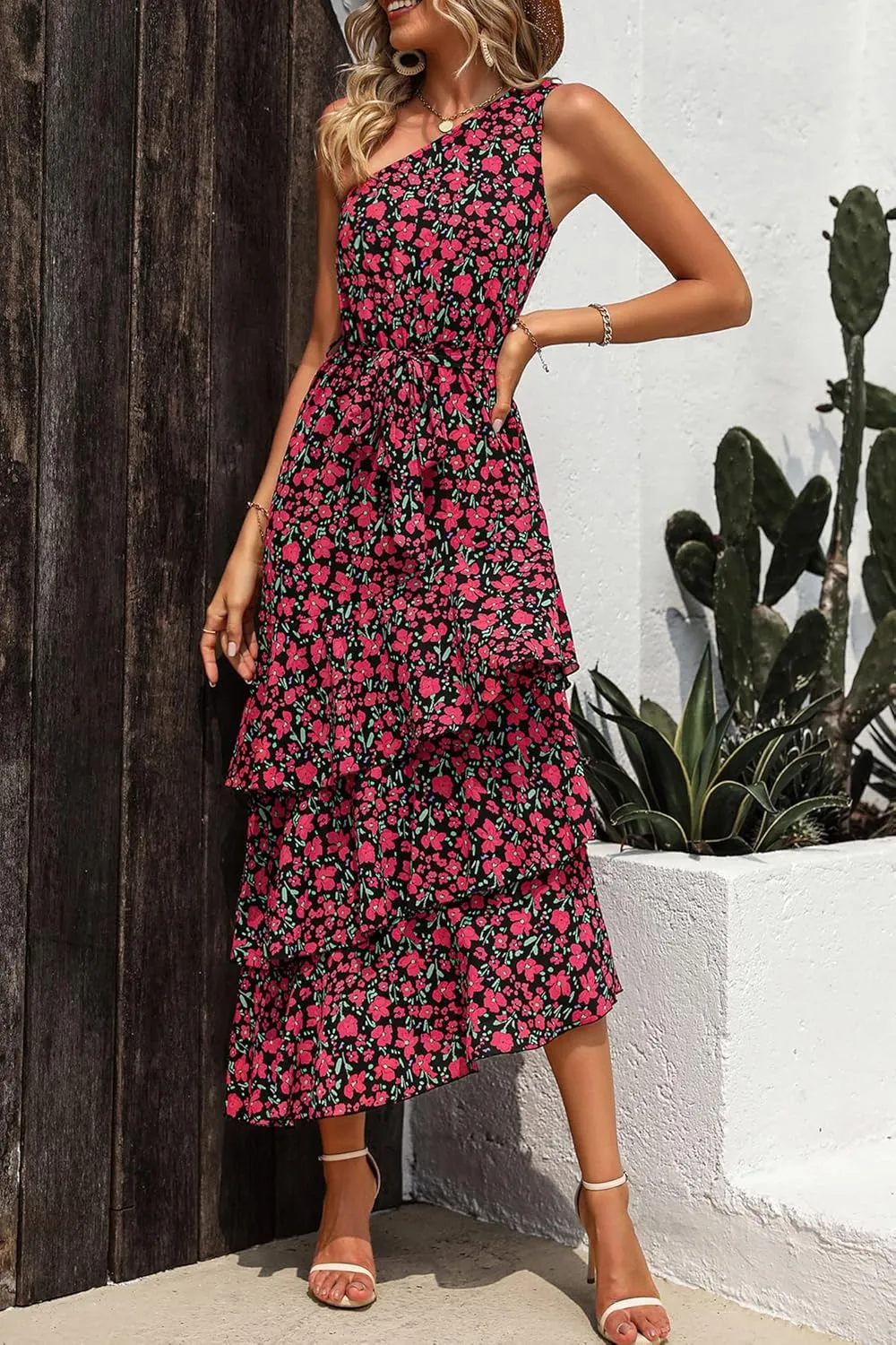 PRETTYGARDEN Women's Summer Floral Sundress Casual One Shoulder Tiered Ruffle Flowy Midi Beach Boho Dresses