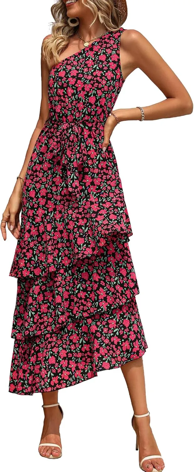 PRETTYGARDEN Women's Summer Floral Sundress Casual One Shoulder Tiered Ruffle Flowy Midi Beach Boho Dresses