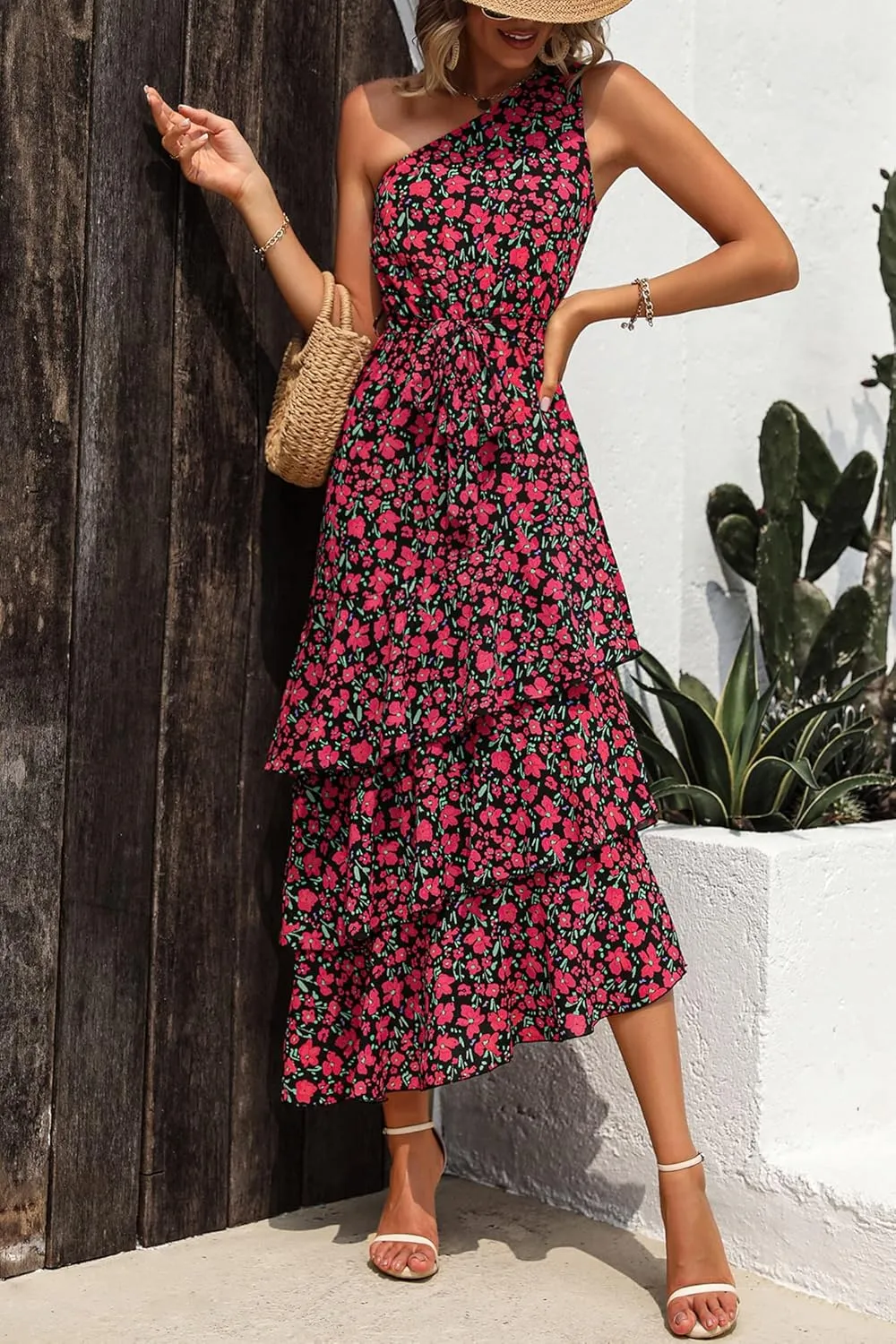 PRETTYGARDEN Women's Summer Floral Sundress Casual One Shoulder Tiered Ruffle Flowy Midi Beach Boho Dresses