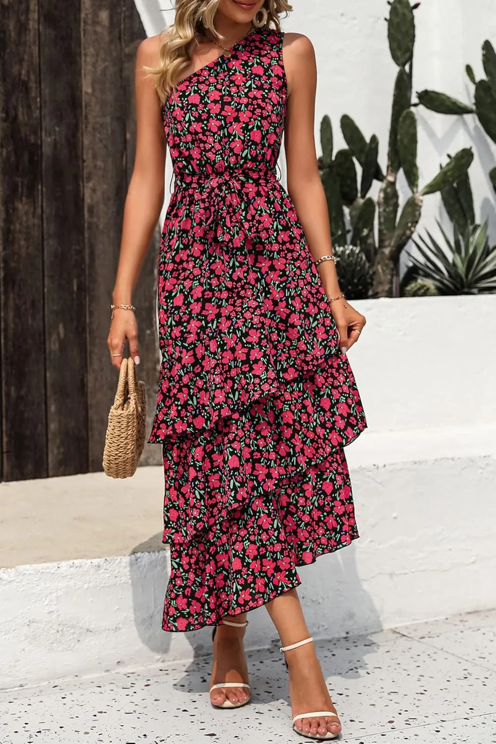 PRETTYGARDEN Women's Summer Floral Sundress Casual One Shoulder Tiered Ruffle Flowy Midi Beach Boho Dresses