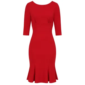 Red 1940's Vintage 3/4 Sleeve Bodycon Peplum Hem Dress