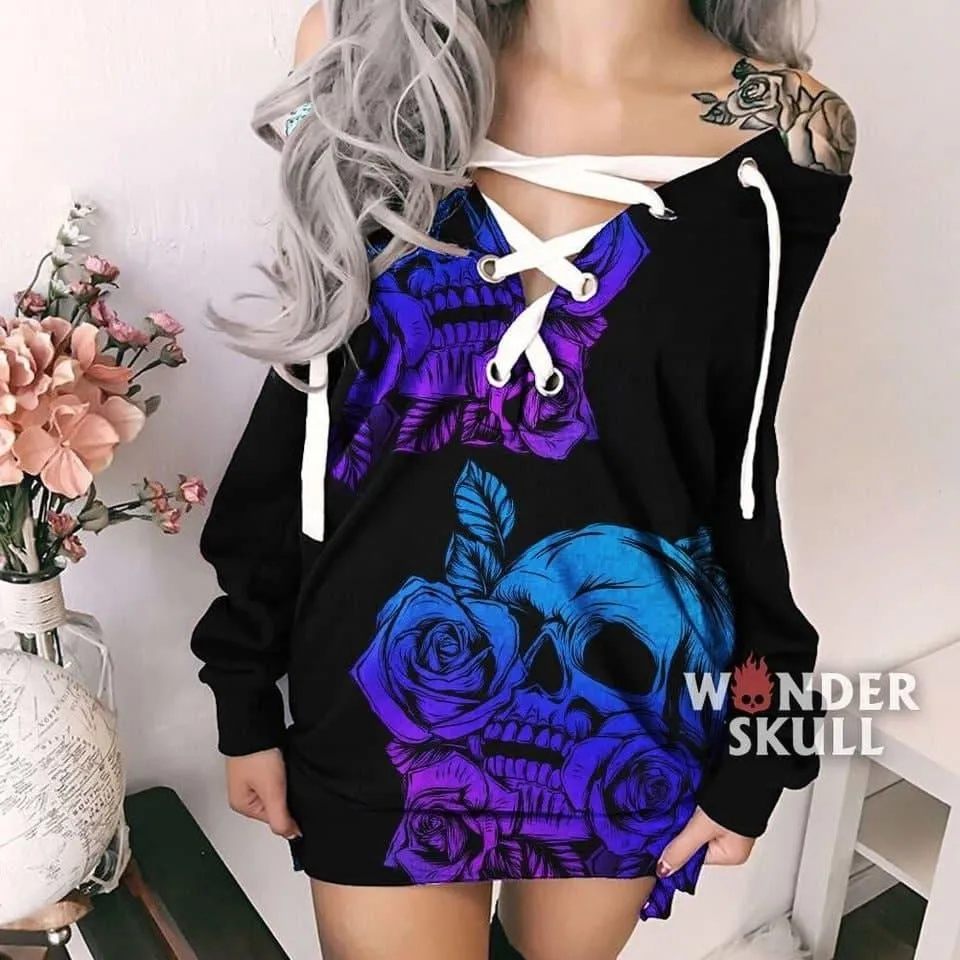 Skull Rose 2 Side Sexy Lace Up Deep V-Neck Off Shoulder Long Sleeve Dress