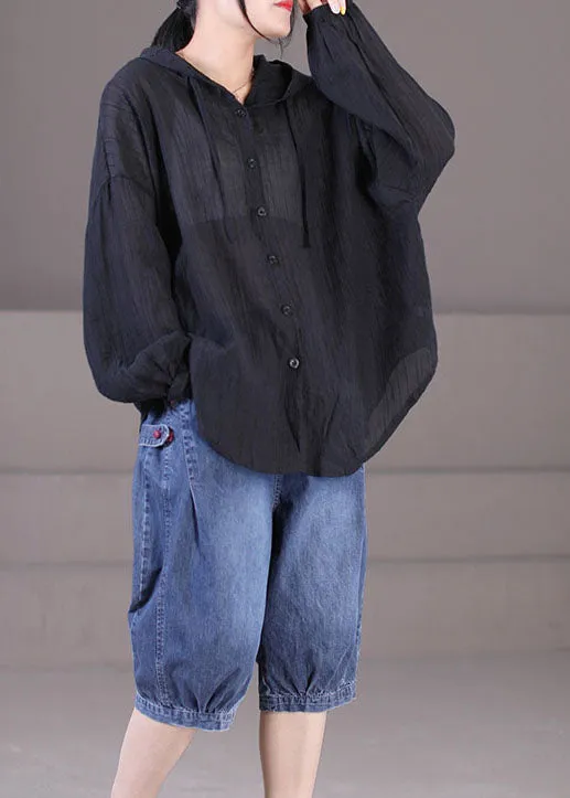 Solid Black Cotton UPF 50  Coat Jackets Oversized Drawstring Long Sleeve