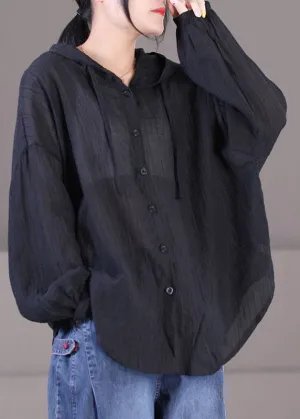 Solid Black Cotton UPF 50  Coat Jackets Oversized Drawstring Long Sleeve