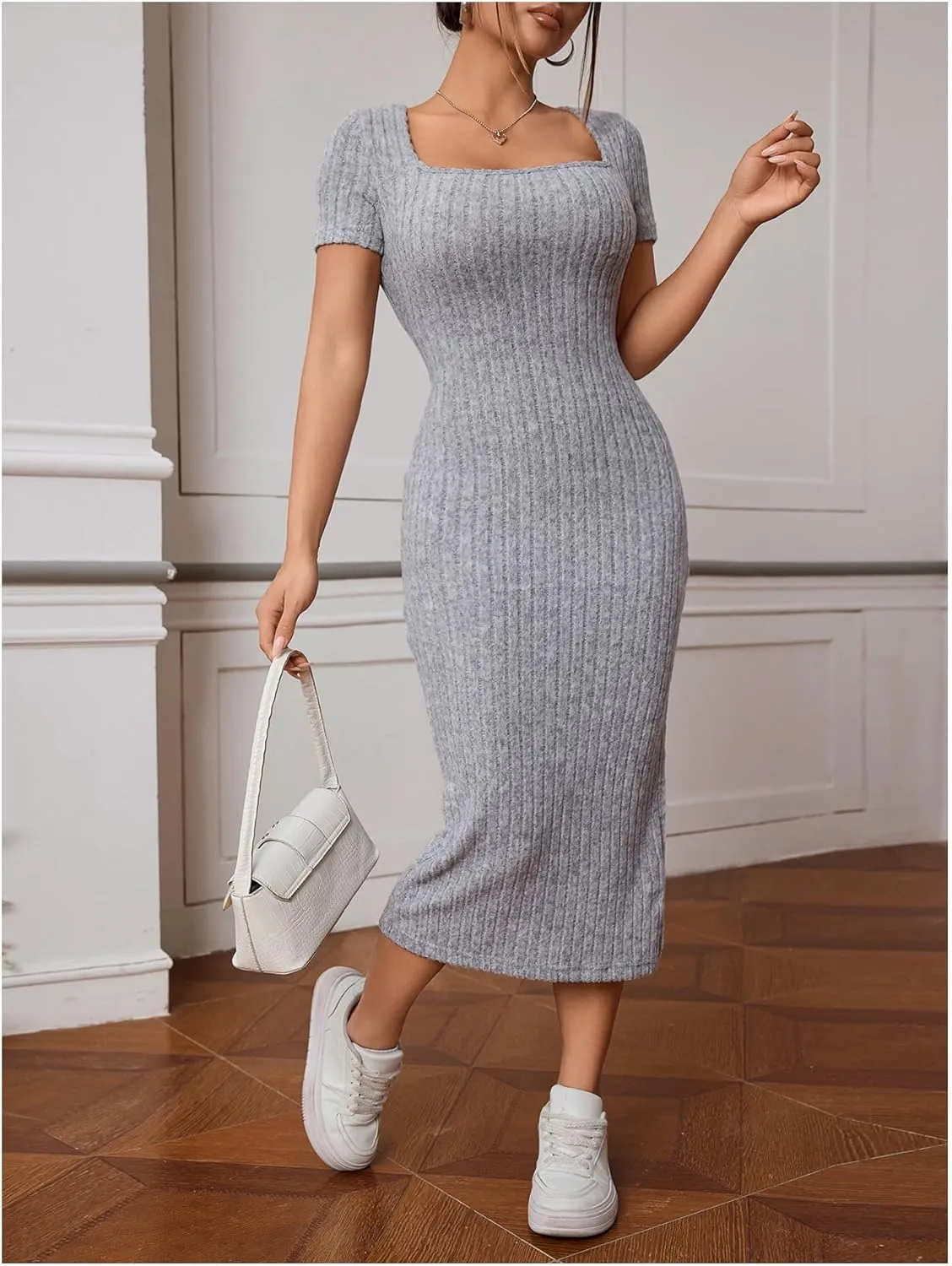 SOLY HUX Women's Summer Bodycon Dresses Square Neck Short Sleeve Casual Sundresses Knit Side Slit Ribbed Midi Dress