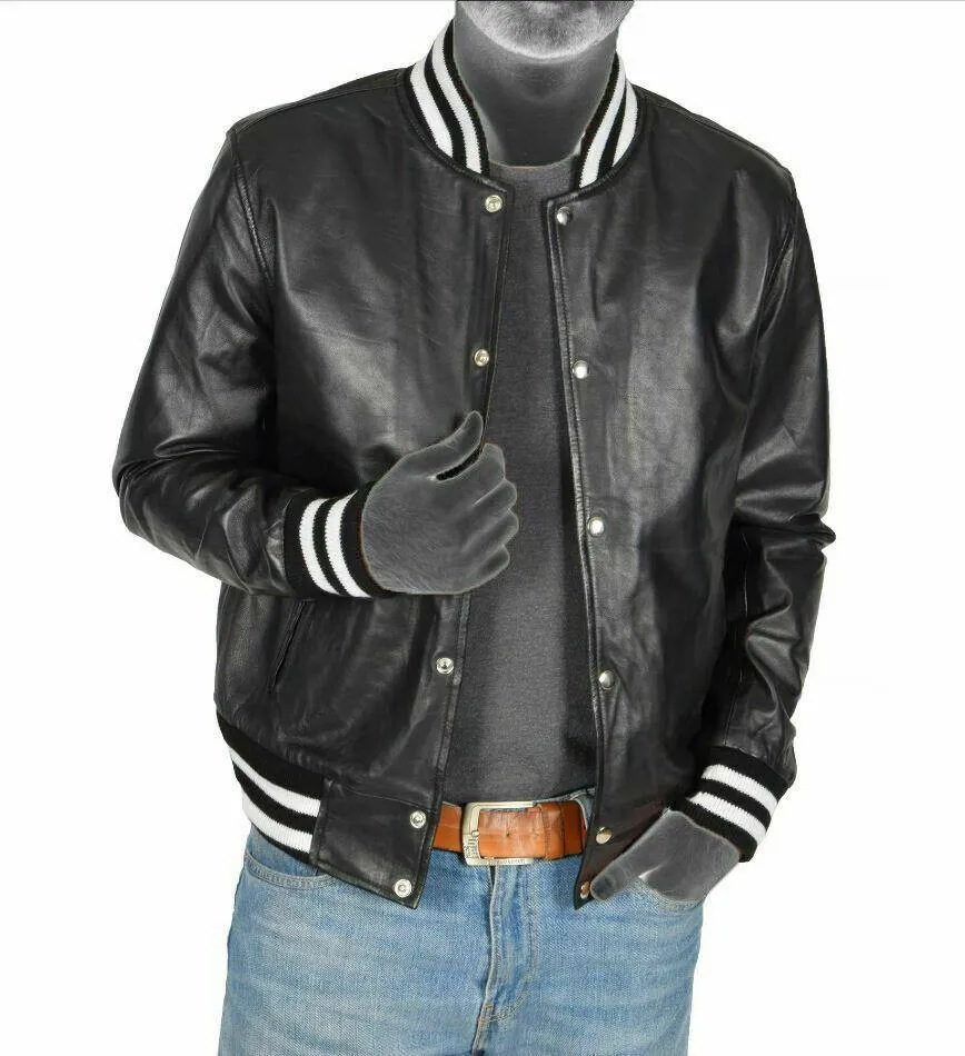 Spine Spark Black Leather Bomber Varsity Jacket & White Rib