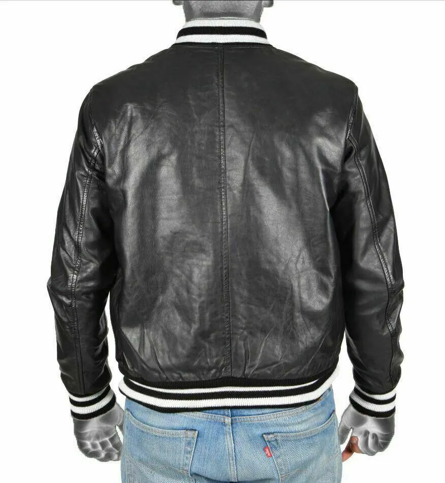 Spine Spark Black Leather Bomber Varsity Jacket & White Rib