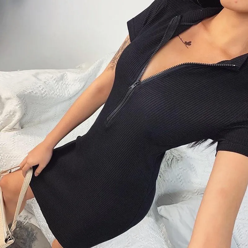 Zipper Deep V-neck Mini Dress